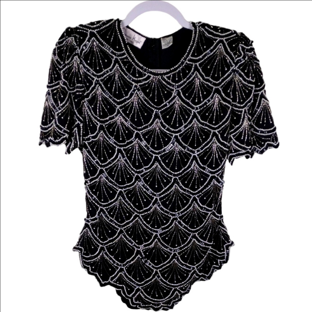 Laurence Kazar Silk Black White Pearl Embellished Scoop Neck Scallop Sleeve Top
